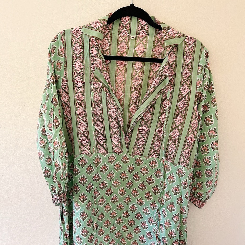 Green Indian Hand block printed midi dress 100% cotton